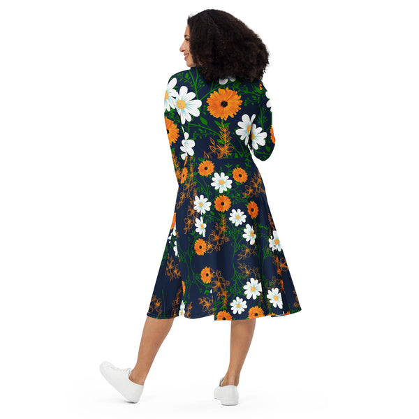 Midnight Tropical long sleeve midi dress